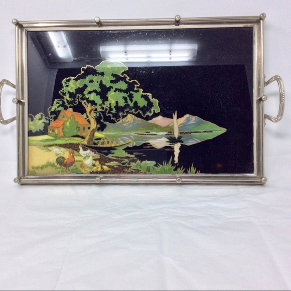 Incredible reverse painted tray with silver trim and handles. - Picture 11 of 14